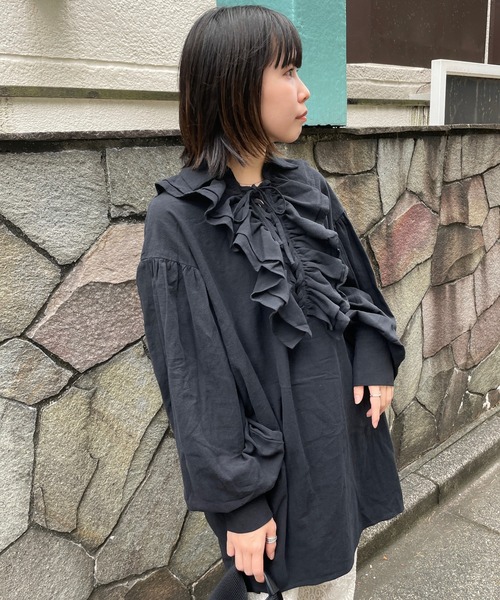 DuKKah(デュカ)の「Dukkah/フリルレースアップチュニックワンピース(ワンピース・レディース・ブラック/ナチュラル・X-SMALL)」の1枚目の写真