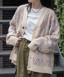 【GLOSTER/グロスター】幾何学柄 Vネック ジオメトリック柄 カーディガン