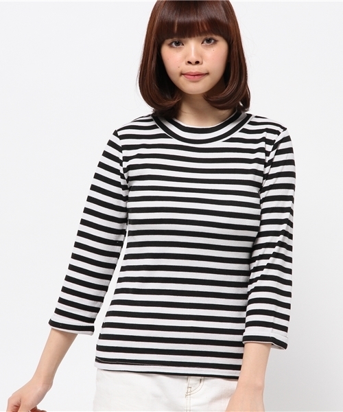 OUTLET（アウトレット）の「【mystic】ハイネックリブボーダープルオーバー（Tシャツ/カットソー・レディース・グレー/ネイビー/ブラック・FREE）」の2枚目の写真