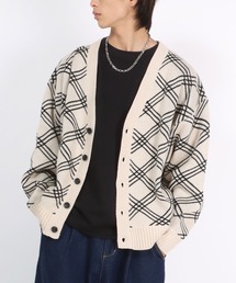 Salong hameu（サロン ハミュー）の「ラインチェック柄Vネックニットカーディガン メンズ レディース ユニセックス（カーディガン/ボレロ）」