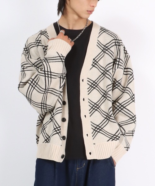 セール】ラインチェック柄Vネックニットカーディガン メンズ