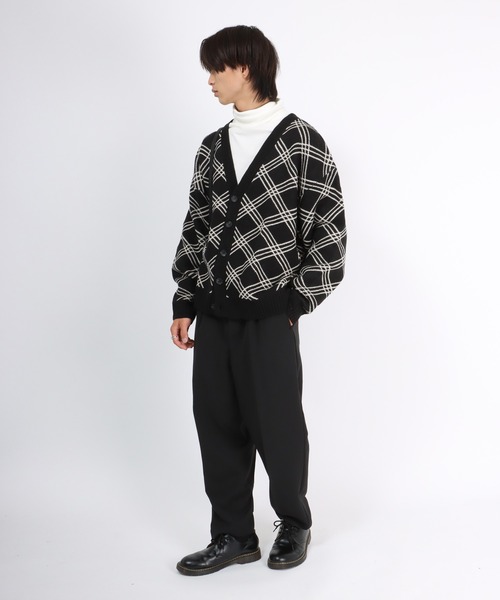 セール】ラインチェック柄Vネックニットカーディガン メンズ