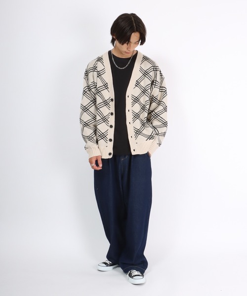 セール】ラインチェック柄Vネックニットカーディガン メンズ