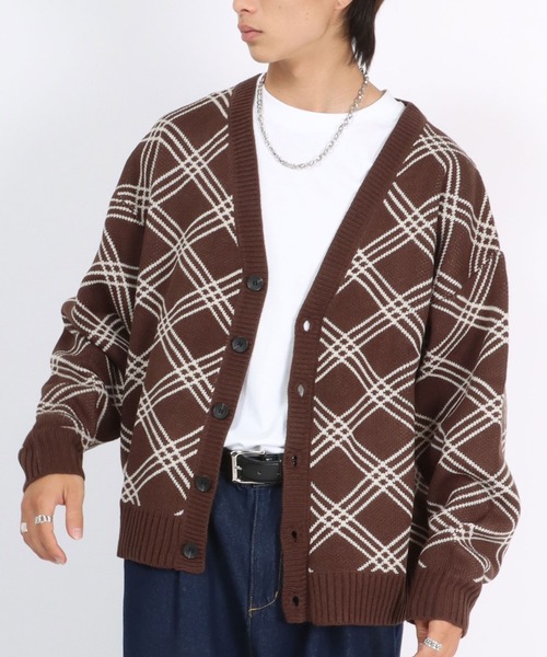 Supreme ブラウン チェック柄 カーディガン XL セール】ラインチェック柄Vネックニットカーディガン メンズ