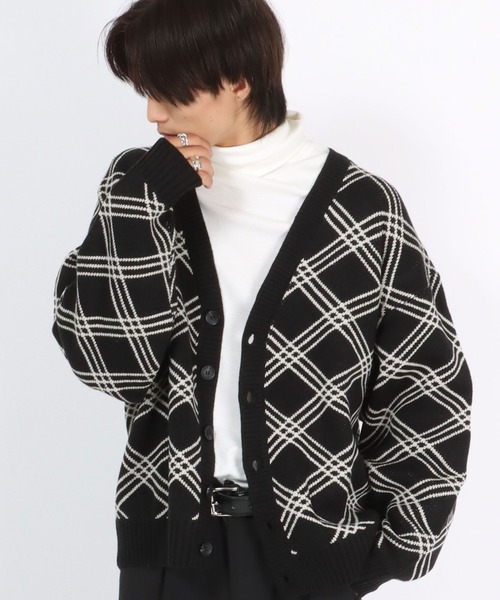 セール】ラインチェック柄Vネックニットカーディガン メンズ