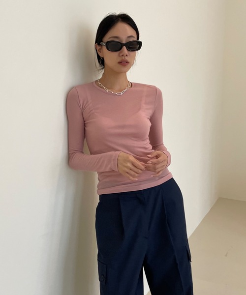 Didot.showroom（ディドット ショールーム）の「テンセル クルーネック シアーカラー ロンT（Tシャツ/カットソー・レディース・スカイブルー/ブラック/ピンク/アイボリー/ミント/クリーム・FREE）」の6枚目の写真