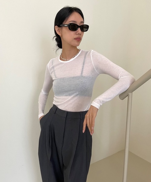 Didot.showroom（ディドット ショールーム）の「テンセル クルーネック シアーカラー ロンT（Tシャツ/カットソー・レディース・スカイブルー/ブラック/ピンク/アイボリー/ミント/クリーム・FREE）」の2枚目の写真