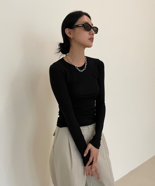 Didot.showroom（ディドット ショールーム）の「テンセル クルーネック シアーカラー ロンT（Tシャツ/カットソー・レディース・スカイブルー/ブラック/ピンク/アイボリー/ミント/クリーム・FREE）」の3枚目の写真