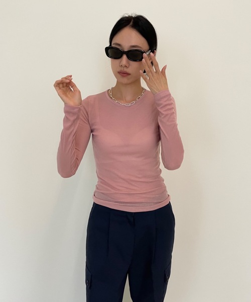 Didot.showroom（ディドット ショールーム）の「テンセル クルーネック シアーカラー ロンT（Tシャツ/カットソー・レディース・スカイブルー/ブラック/ピンク/アイボリー/ミント/クリーム・FREE）」の20枚目の写真