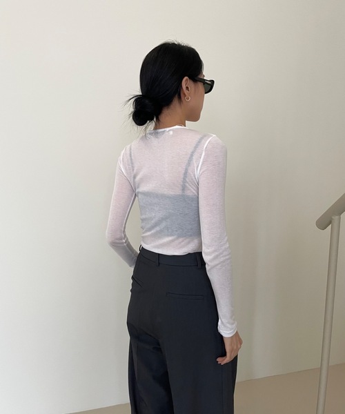 Didot.showroom（ディドット ショールーム）の「テンセル クルーネック シアーカラー ロンT（Tシャツ/カットソー・レディース・スカイブルー/ブラック/ピンク/アイボリー/ミント/クリーム・FREE）」の7枚目の写真