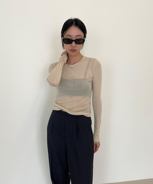 Didot.showroom（ディドット ショールーム）の「テンセル クルーネック シアーカラー ロンT（Tシャツ/カットソー・レディース・スカイブルー/ブラック/ピンク/アイボリー/ミント/クリーム・FREE）」の8枚目の写真