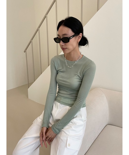 Didot.showroom（ディドット ショールーム）の「テンセル クルーネック シアーカラー ロンT（Tシャツ/カットソー・レディース・スカイブルー/ブラック/ピンク/アイボリー/ミント/クリーム・FREE）」の13枚目の写真