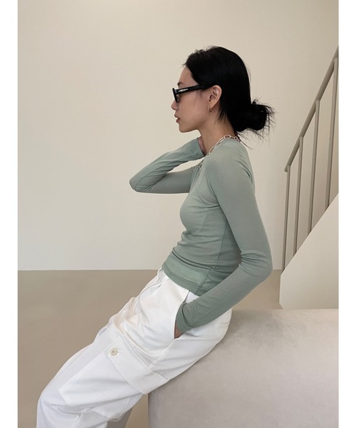 Didot.showroom（ディドット ショールーム）の「テンセル クルーネック シアーカラー ロンT（Tシャツ/カットソー・レディース・スカイブルー/ブラック/ピンク/アイボリー/ミント/クリーム・FREE）」の9枚目の写真