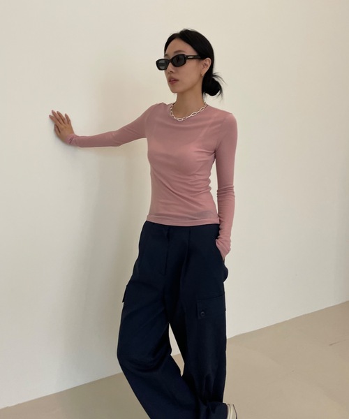 Didot.showroom（ディドット ショールーム）の「テンセル クルーネック シアーカラー ロンT（Tシャツ/カットソー・レディース・スカイブルー/ブラック/ピンク/アイボリー/ミント/クリーム・FREE）」の14枚目の写真