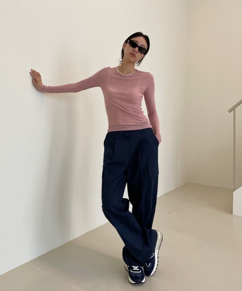 Didot.showroom（ディドット ショールーム）の「テンセル クルーネック シアーカラー ロンT（Tシャツ/カットソー・レディース・スカイブルー/ブラック/ピンク/アイボリー/ミント/クリーム・FREE）」の10枚目の写真