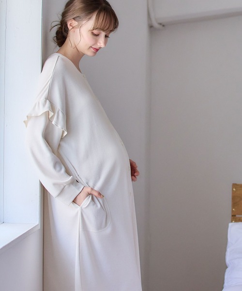 Rosemadame（ローズマダム）の「ふわふわスムースねこプリント＆無地ネグリジェ パジャマ（マタニティ/授乳服）授乳楽々 妊婦服 産前・産後対応（マタニティウェア/グッズ・レディース・ブルーグレー/オフホワイト/アイボリー/ライトグレー/モカ/ベージュ/ネイビー・MEDIUM/LARGE/X-LARGE）」の22枚目の写真