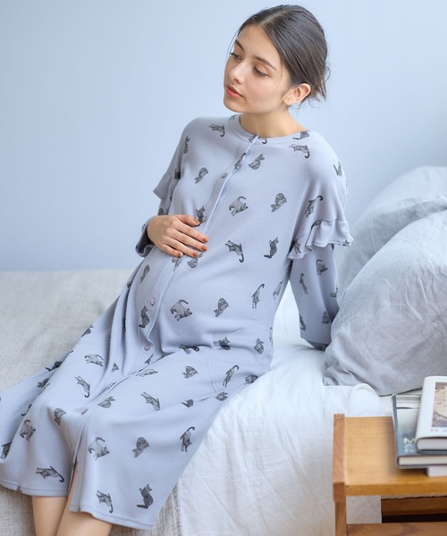 ふわふわスムースねこプリント＆無地ネグリジェ パジャマ（マタニティ