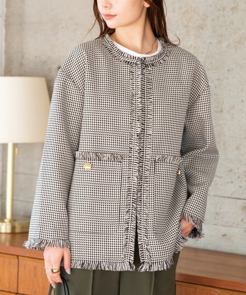 LAVEANGE（ラビアンジェ）の「ツイードジャケット[セットアップ対応]（ノーカラージャケット・レディース・オフホワイト/ブラック・M/L/LL/3L/4L）」の10枚目の写真