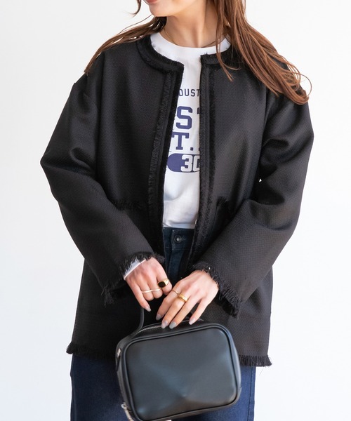 LAVEANGE（ラビアンジェ）の「ツイードジャケット[セットアップ対応]（ノーカラージャケット・レディース・オフホワイト/ブラック・M/L/LL/3L/4L）」の19枚目の写真