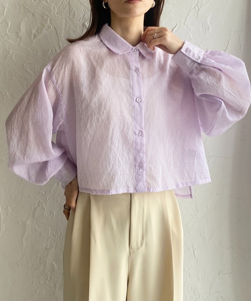 She's Closet(シーズクローゼット)の「ボリュームスリーブショート丈長袖ストライプシアーシャツ(シャツ/ブラウス・レディース・グリーン/ベージュ/パープル/グレー/ブルー/ネイビー/オレンジ/ピンク/イエロー/ホワイト・FREE)」の7枚目の写真