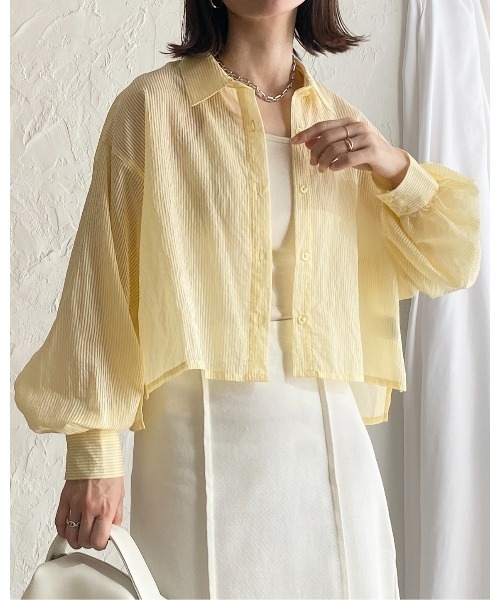 She's Closet(シーズクローゼット)の「ボリュームスリーブショート丈長袖ストライプシアーシャツ(シャツ/ブラウス・レディース・グリーン/ベージュ/パープル/グレー/ブルー/ネイビー/オレンジ/ピンク/イエロー/ホワイト・FREE)」の8枚目の写真