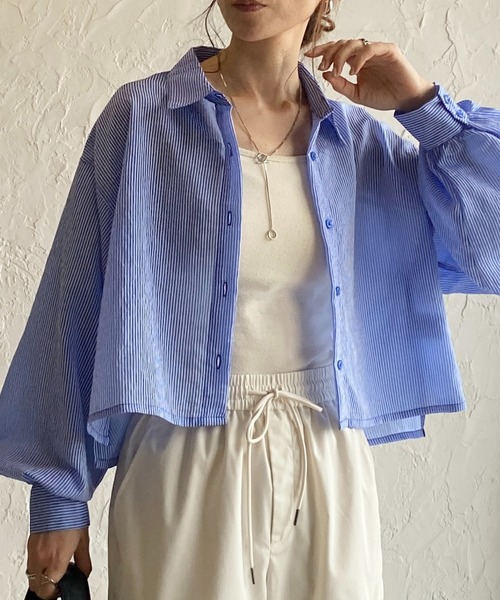 She's Closet(シーズクローゼット)の「ボリュームスリーブショート丈長袖ストライプシアーシャツ(シャツ/ブラウス・レディース・グリーン/ベージュ/パープル/グレー/ブルー/ネイビー/オレンジ/ピンク/イエロー/ホワイト・FREE)」の6枚目の写真