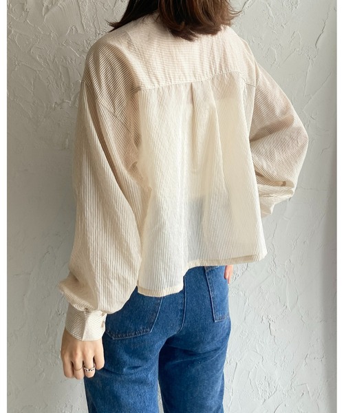 ブラウス シャツ ボリューム袖シアーストライプブラウス レディース She's Closet ブラウス シャツ ボリュームスリーブショート丈