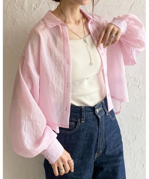 ブラウス シャツ ボリューム袖シアーストライプシャツ レディース She's Closet ブラウス シャツ ボリュームスリーブショート丈
