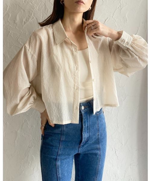 She's Closet(シーズクローゼット)の「ボリュームスリーブショート丈長袖ストライプシアーシャツ(シャツ/ブラウス・レディース・グリーン/ベージュ/パープル/グレー/ブルー/ネイビー/オレンジ/ピンク/イエロー/ホワイト・FREE)」の19枚目の写真