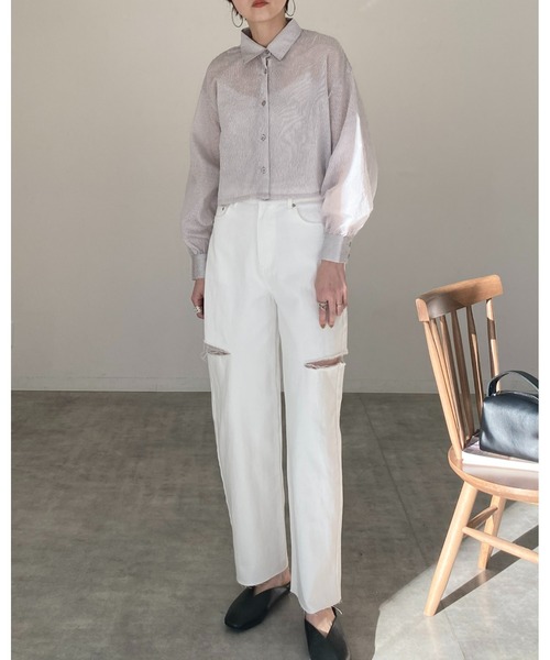 She's Closet(シーズクローゼット)の「ボリュームスリーブショート丈長袖ストライプシアーシャツ(シャツ/ブラウス・レディース・グリーン/ベージュ/パープル/グレー/ブルー/ネイビー/オレンジ/ピンク/イエロー/ホワイト・FREE)」の21枚目の写真