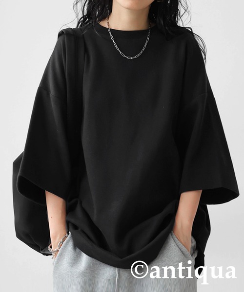 antiqua(アンティカ)の「綿混サカリバ生地シャツ(Tシャツ/カットソー・レディース・ホワイト/ネイビー/ブラック・FREE)」の1枚目の写真