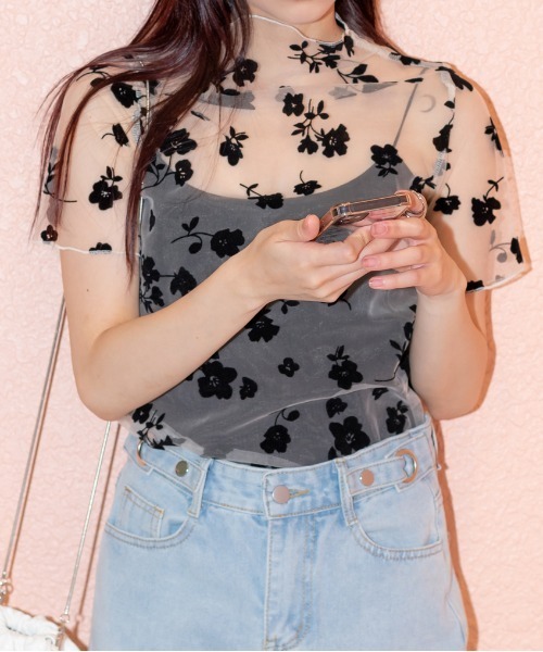 SpRay(スプレイ)の「シアー花柄ボトルネック(Tシャツ/カットソー・レディース・モカ/ブラック/ブルー系その他/ホワイト・FREE)」の4枚目の写真