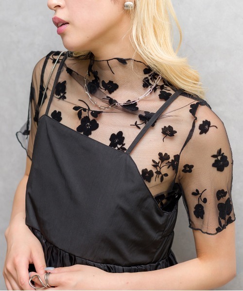 SpRay(スプレイ)の「シアー花柄ボトルネック(Tシャツ/カットソー・レディース・モカ/ブラック/ブルー系その他/ホワイト・FREE)」の3枚目の写真