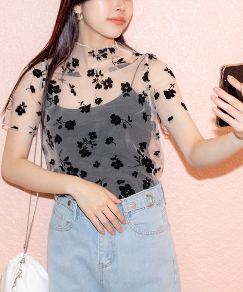 SpRay(スプレイ)の「シアー花柄ボトルネック(Tシャツ/カットソー・レディース・モカ/ブラック/ブルー系その他/ホワイト・FREE)」の8枚目の写真
