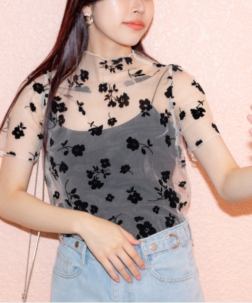 SpRay(スプレイ)の「シアー花柄ボトルネック(Tシャツ/カットソー・レディース・モカ/ブラック/ブルー系その他/ホワイト・FREE)」の22枚目の写真