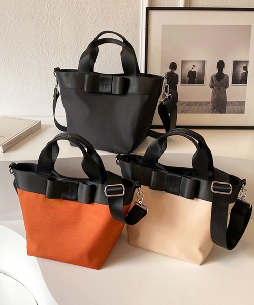 デパート購入品 リボンチャーム トライアドカラー 3色 ハンドバッグ セール】【2WAY/3WAY】配色リボンが大人かわいいデイリーハンドバッグ