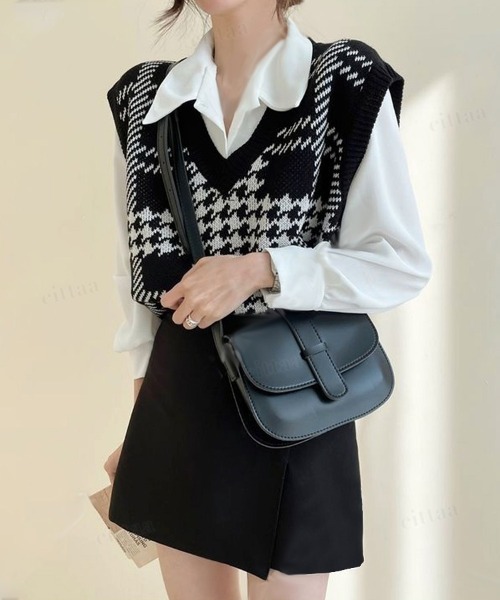 Dalfwin(ダールフィン)の「韓国ファッション チェック柄ニットベスト(ベスト・レディース・ピンク/ブラック/ブラウン/ベージュ・FREE)」の5枚目の写真