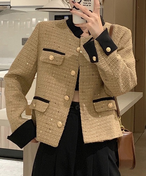 sheller シェリエ ギンガムツイード ノーカラージャケット キュロット シェリエ sheller ギンガムツイードノーカラージャケット