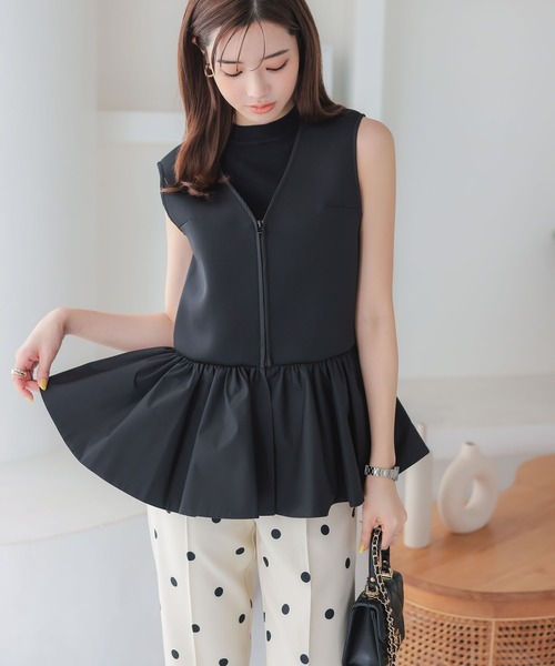 KOBE LETTUCE(コウベレタス)の「ダンボールペプラムVネックベスト(ベスト・レディース・ブラック/オフホワイト・M)」の6枚目の写真