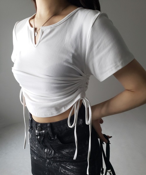 me+em select ダブルリボンシャーリングショートシアーシャツ ホワイト me+em select ブラウス シャツ 「 3color 」ダブルリボン