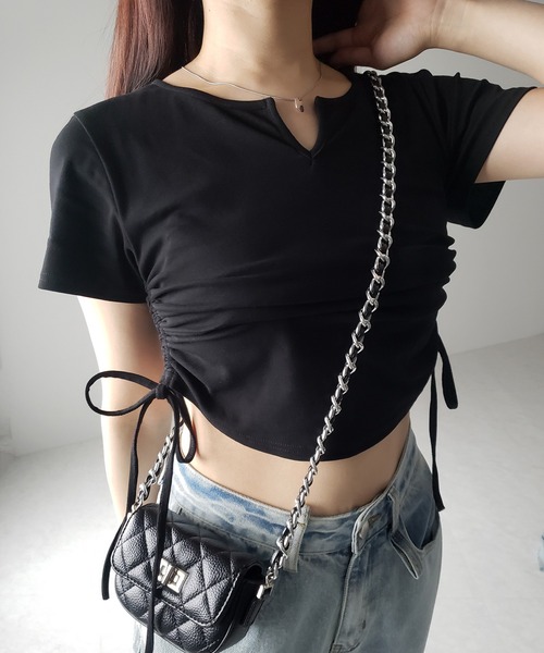 me+em select(ミームセレクト)の「【 2color 】サイドシャーリングリボン半袖ショートTシャツ / side shirring ribbon short Tee(Tシャツ/カットソー・レディース・ブラック/ホワイト・FREE)」の2枚目の写真