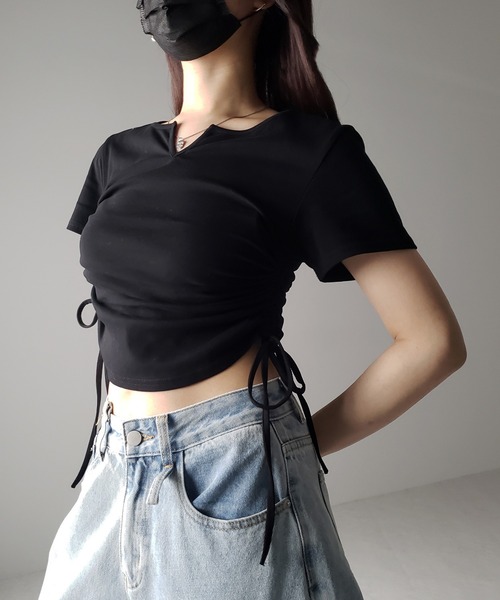 me+em select(ミームセレクト)の「【 2color 】サイドシャーリングリボン半袖ショートTシャツ / side shirring ribbon short Tee(Tシャツ/カットソー・レディース・ブラック/ホワイト・FREE)」の7枚目の写真