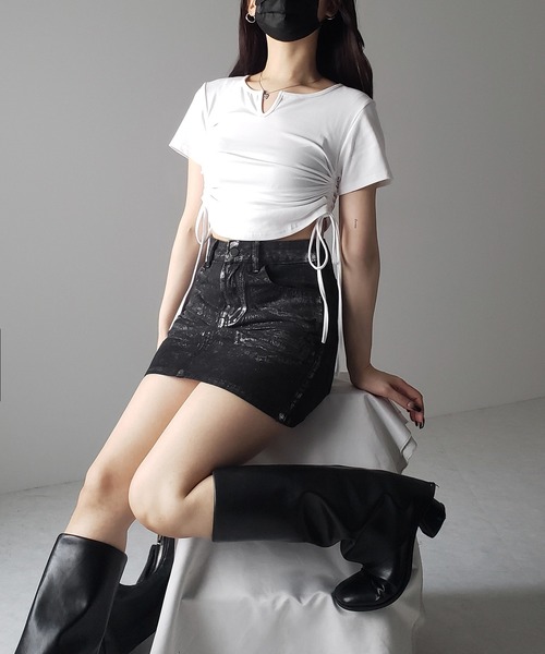 me+em select(ミームセレクト)の「【 2color 】サイドシャーリングリボン半袖ショートTシャツ / side shirring ribbon short Tee(Tシャツ/カットソー・レディース・ブラック/ホワイト・FREE)」の18枚目の写真
