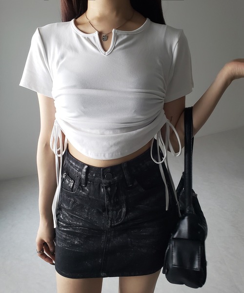 me+em select(ミームセレクト)の「【 2color 】サイドシャーリングリボン半袖ショートTシャツ / side shirring ribbon short Tee(Tシャツ/カットソー・レディース・ブラック/ホワイト・FREE)」の19枚目の写真