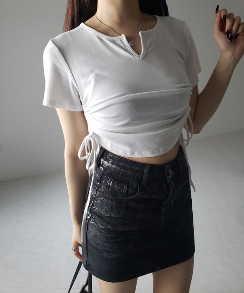 me+em select(ミームセレクト)の「【 2color 】サイドシャーリングリボン半袖ショートTシャツ / side shirring ribbon short Tee(Tシャツ/カットソー・レディース・ブラック/ホワイト・FREE)」の20枚目の写真