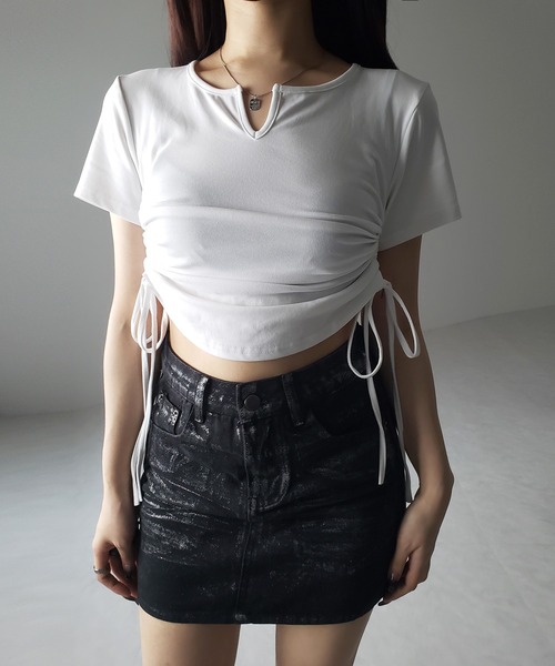 me+em select(ミームセレクト)の「【 2color 】サイドシャーリングリボン半袖ショートTシャツ / side shirring ribbon short Tee(Tシャツ/カットソー・レディース・ブラック/ホワイト・FREE)」の21枚目の写真