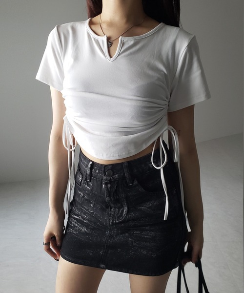 me+em select(ミームセレクト)の「【 2color 】サイドシャーリングリボン半袖ショートTシャツ / side shirring ribbon short Tee(Tシャツ/カットソー・レディース・ブラック/ホワイト・FREE)」の22枚目の写真