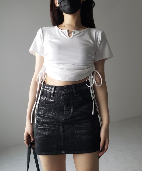 me+em select(ミームセレクト)の「【 2color 】サイドシャーリングリボン半袖ショートTシャツ / side shirring ribbon short Tee(Tシャツ/カットソー・レディース・ブラック/ホワイト・FREE)」の13枚目の写真