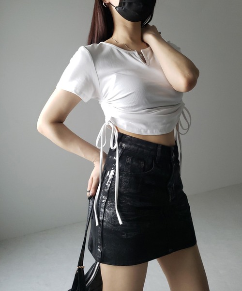 me+em select(ミームセレクト)の「【 2color 】サイドシャーリングリボン半袖ショートTシャツ / side shirring ribbon short Tee(Tシャツ/カットソー・レディース・ブラック/ホワイト・FREE)」の14枚目の写真