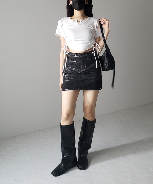 me+em select(ミームセレクト)の「【 2color 】サイドシャーリングリボン半袖ショートTシャツ / side shirring ribbon short Tee(Tシャツ/カットソー・レディース・ブラック/ホワイト・FREE)」の15枚目の写真